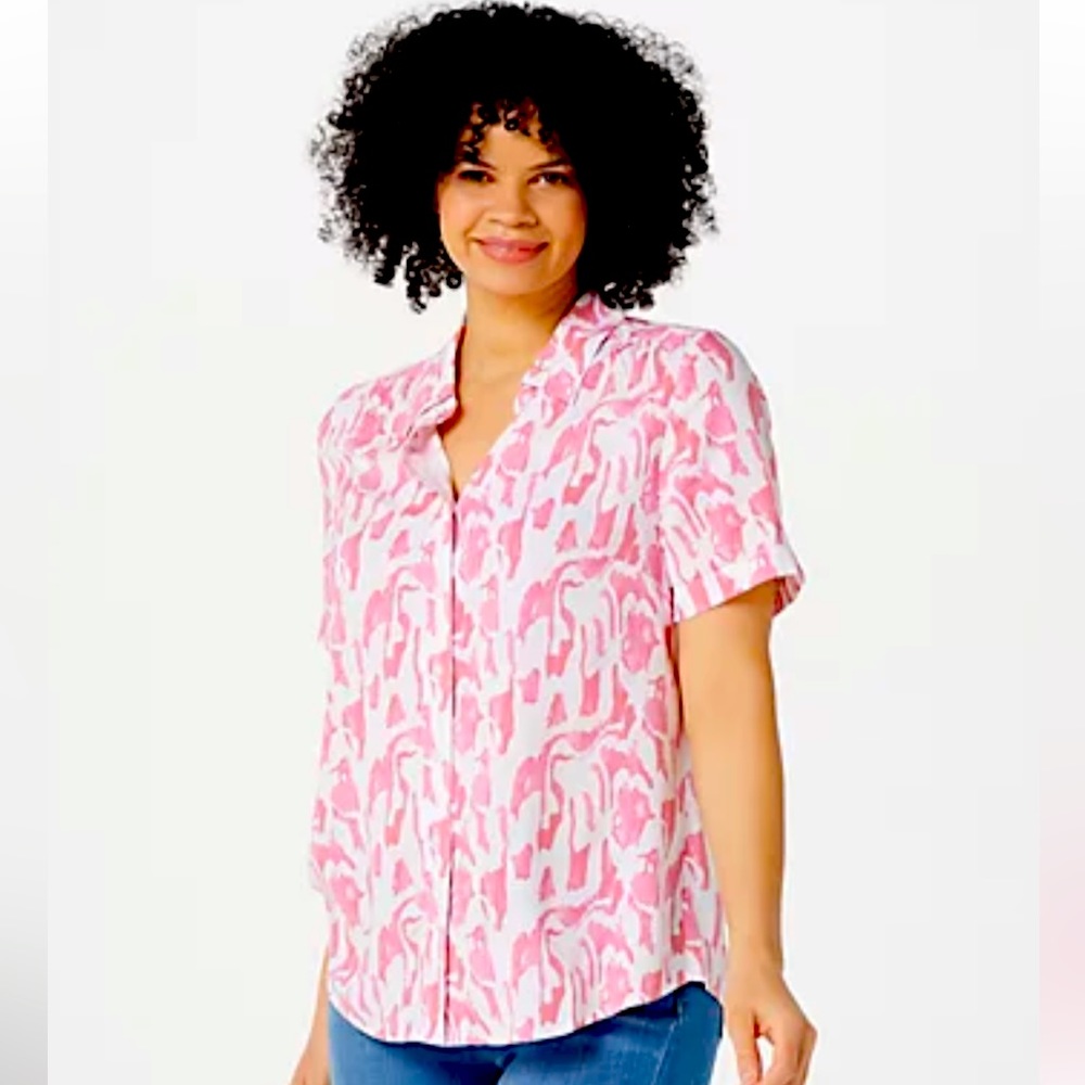 NWT Denim & Co Printed Short-Sleeve Camp Shirt in Soft Coral, Size M